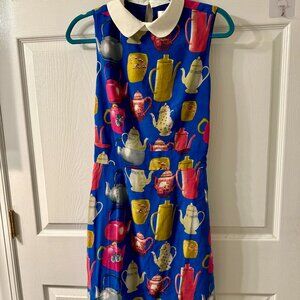 Teapot Print Fit & Flare Dress w/ Peter Pan Collar | Size M | Whimsical Vintage